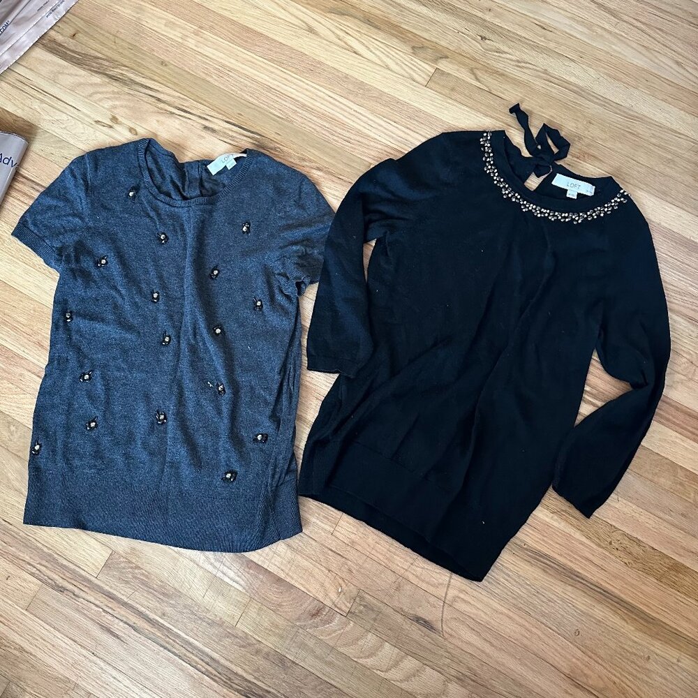 Loft Work Top Bundle - Bejeweled Short Sleeve and Long Sleeve Tops - Small Petit